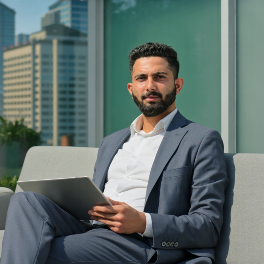 A trader at a desk explaining a concept
